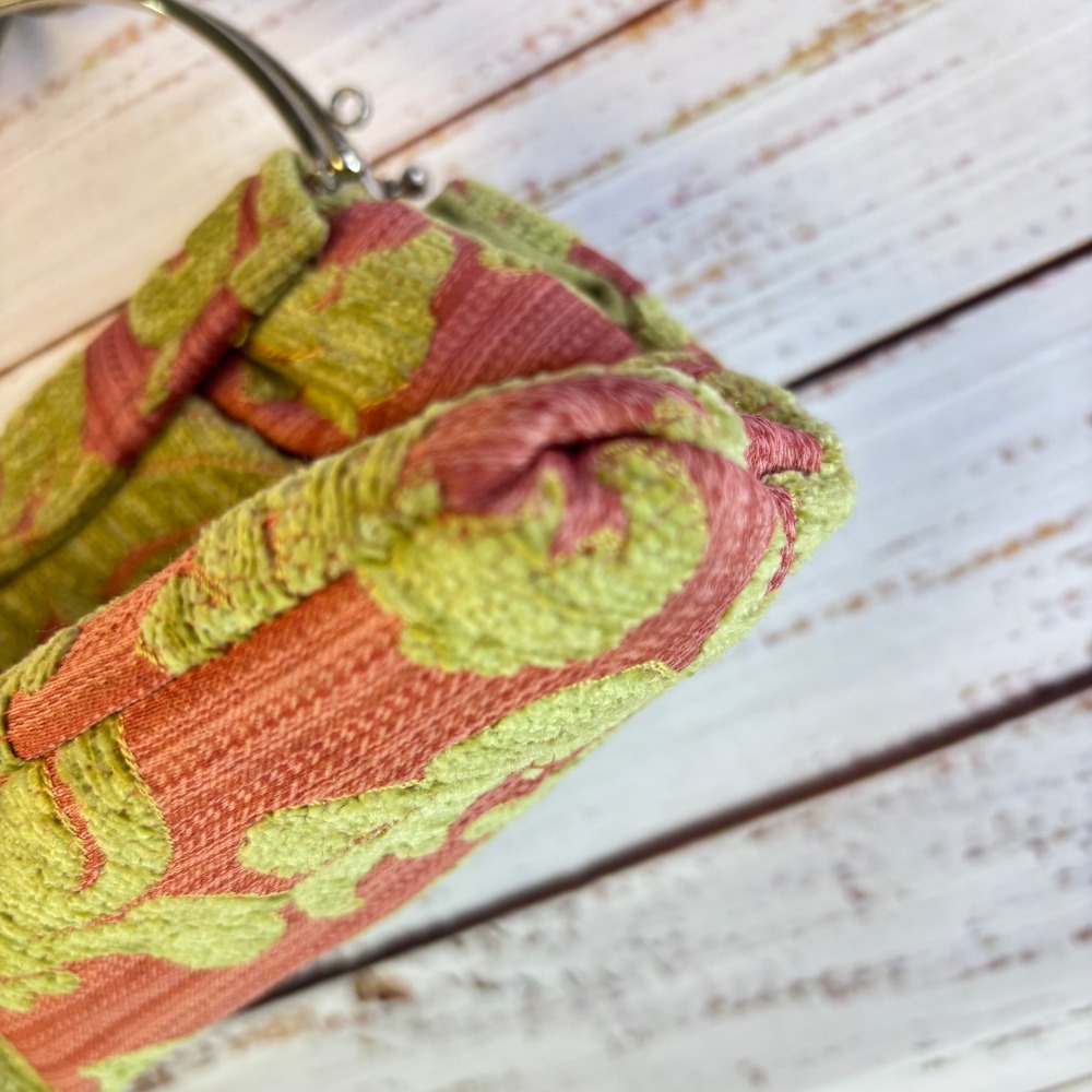 Vintage Kiss-Lock Purse S Pink Green Chenille Damask Rhinestone Bow Coquette Bag - Picture 9 of 13